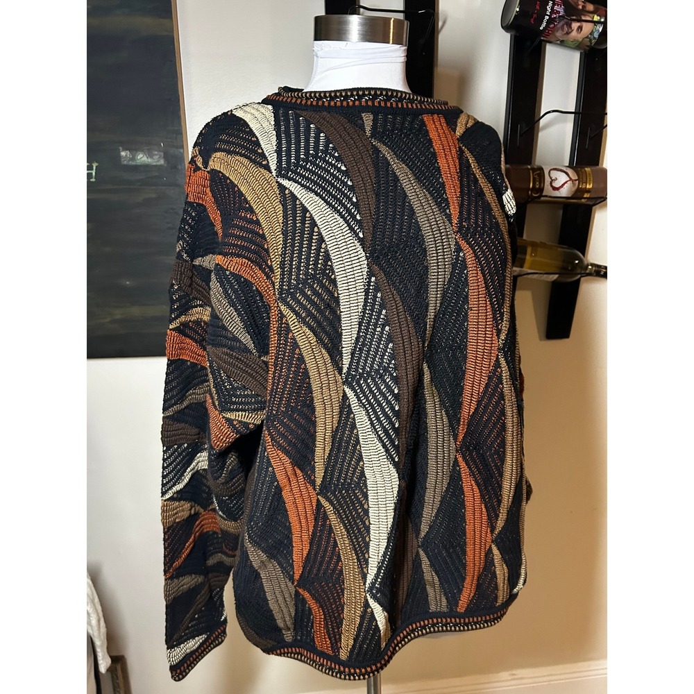 Tundra Canada Coogie Style 3D Knit Cotton Sweater Mens XL Black Brown Geometric
